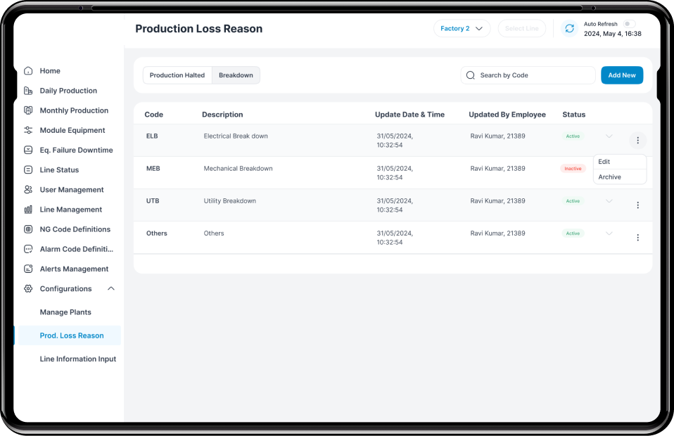 Production Loss Dashboard for production management platform